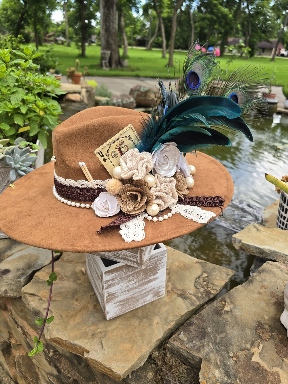Women’s Handmade Boho Feather & Floral Tan Fedora Hat